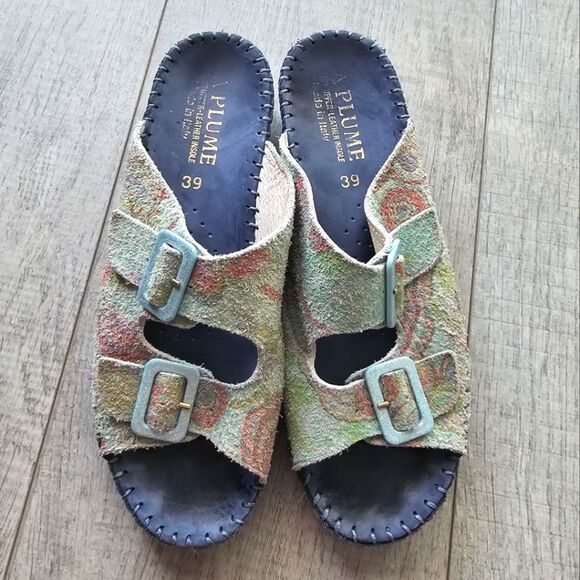 La Plume Jen Leather Suede pastel flowers slides Sandals floral casual 8.5 - Picture 1 of 11